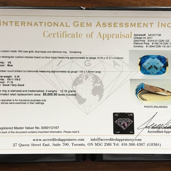 NWOT 18K Rose Gold Blue Topaz & Diamond Ring (Men or Women). - Picture 7 of 11